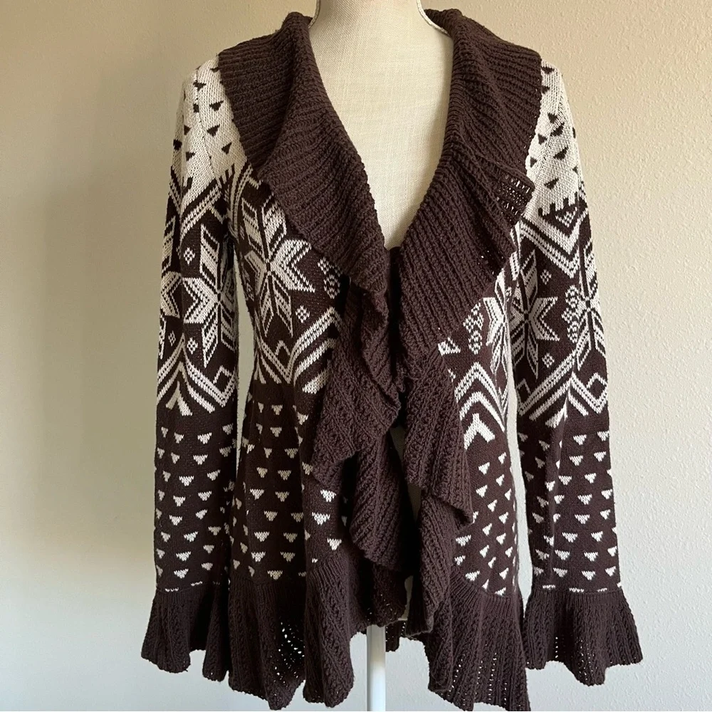 Style & co Brown and White Women's cardigan sweater open weave Ruffle front S - Picture 1 of 7